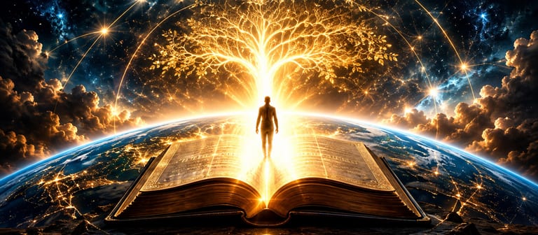 A lone figure standing on an open glowing book beneath a golden tree of life, above the curve of the Earth