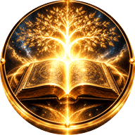 Open golden book with a glowing tree of life