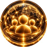 Three golden figures over a glowing globe, the community feed