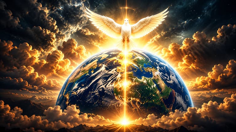 A white dove with spread wings above planet Earth, with a beam of golden light between glowing clouds