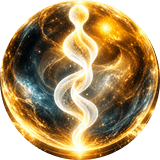 A white spiral of light inside a golden sphere, symbolizing the body