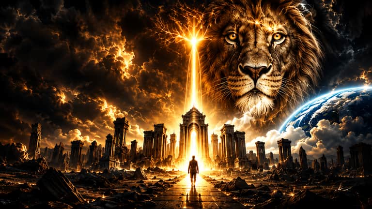 A giant lion's face in a stormy sky above ancient ruins and a pillar of golden light, with a lone figure walking toward a glowing gateway and the Earth on the horizon